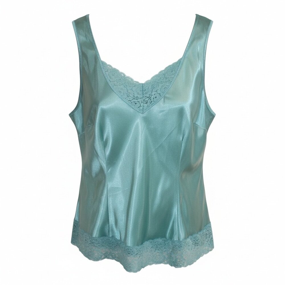 VINTAGE Cato Green Satin Lace Trimmed Babydoll Top L